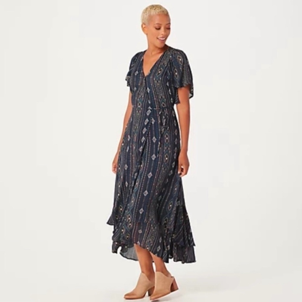 Haute Hippie Navy Printed V-Neck Maxi Dress